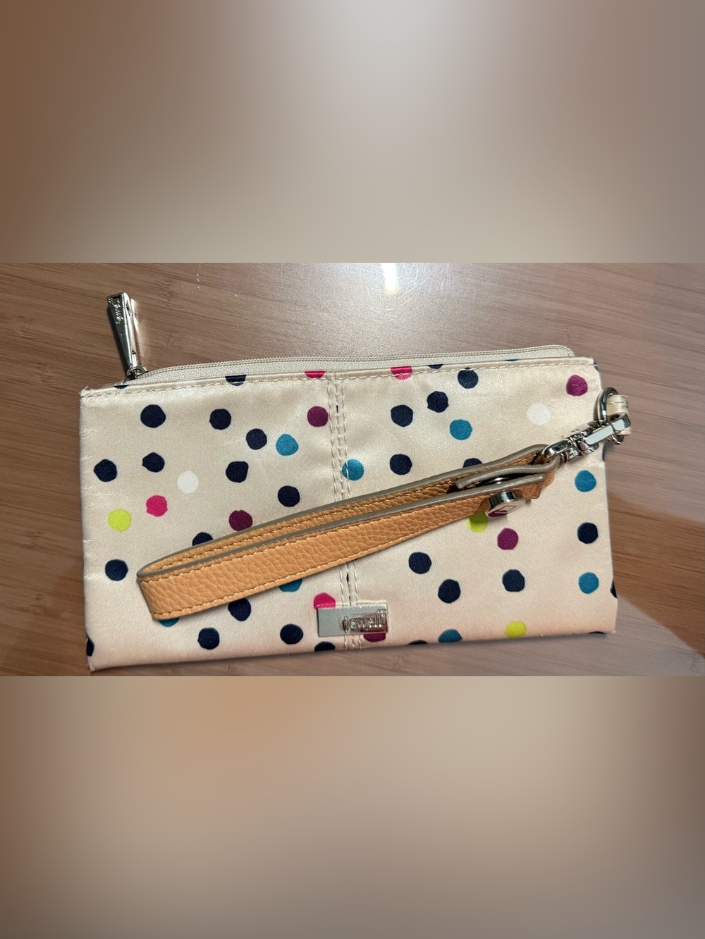 Polka Dot Wristlet Clutch with Tan Strap